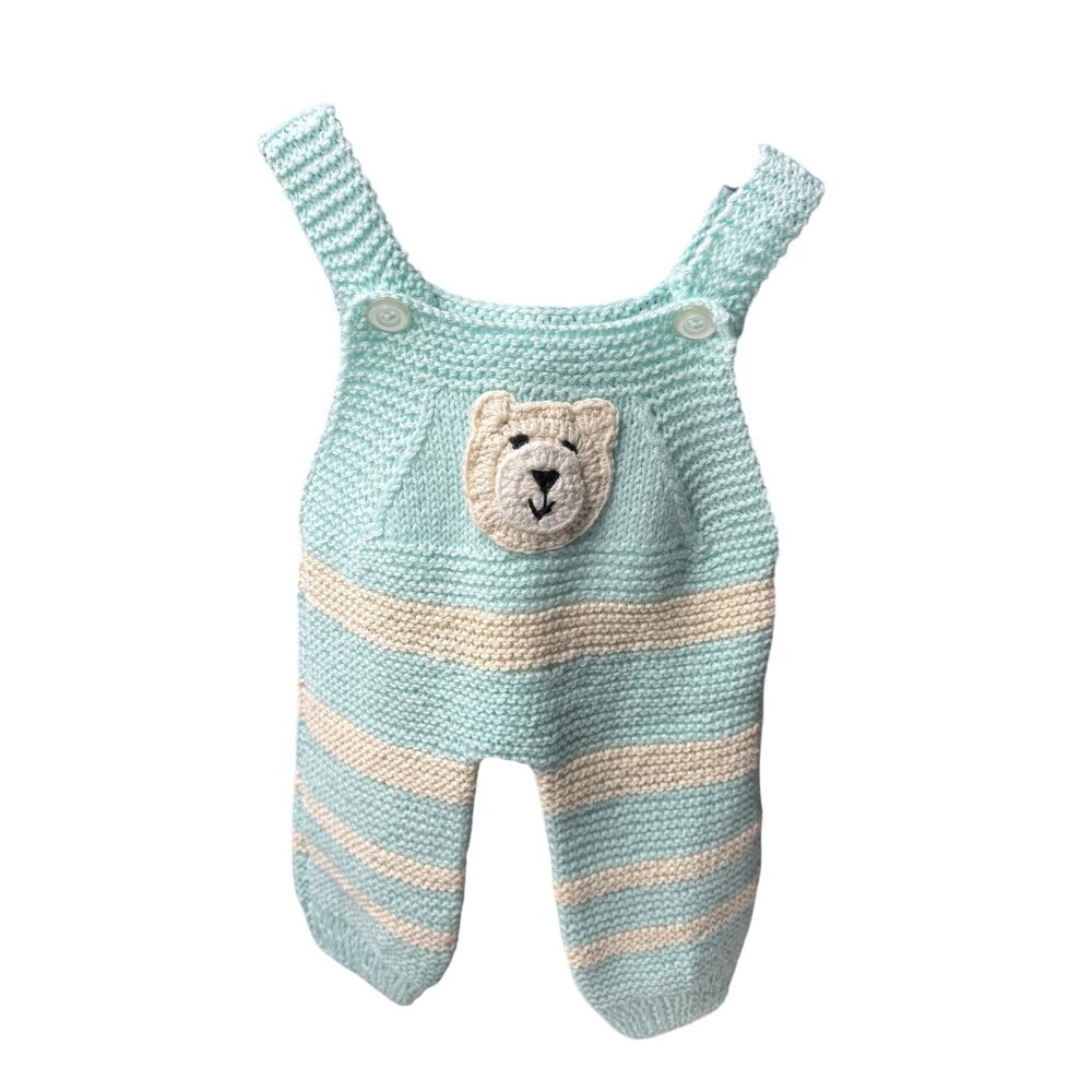 Handmade Overall Romper 0-3M Knit Baby Teddy Bear Mint Blue Ivory